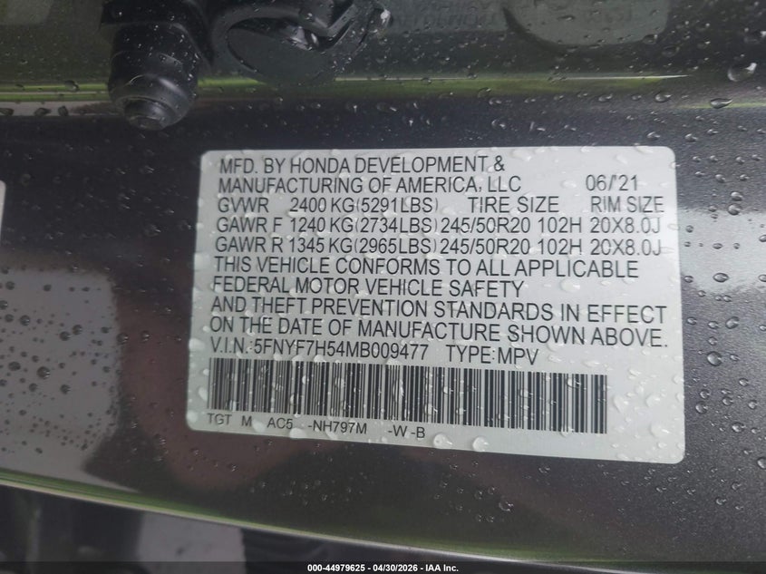 2021 Honda Passport 2Wd Ex-L VIN: 5FNYF7H54MB009477 Lot: 44979625