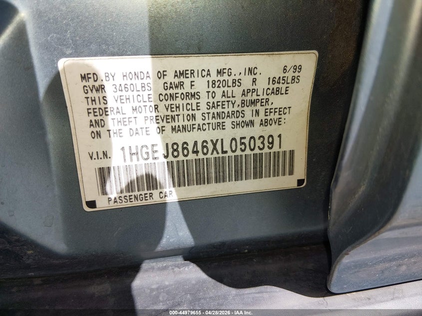 1999 Honda Civic Ex VIN: 1HGEJ8646XL050391 Lot: 44979655