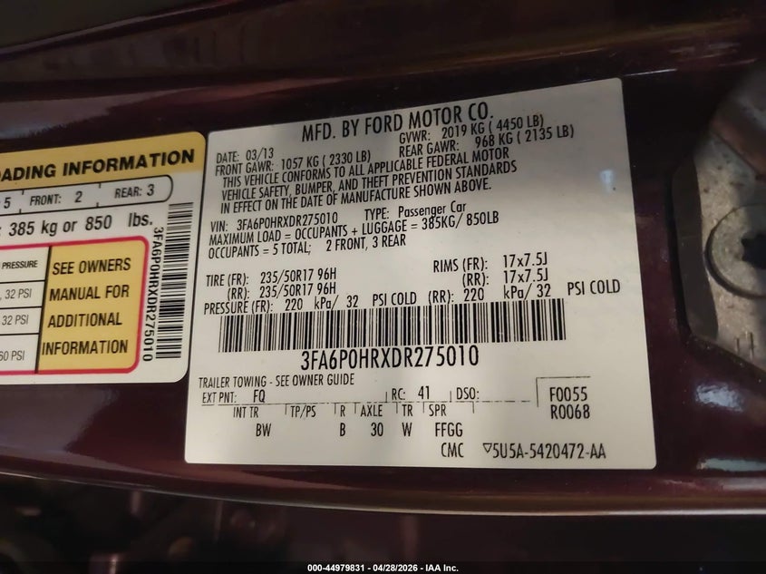 2013 FORD FUSION SEDAN 1.6L I-4 DI, DOHC, VVT, TURBO, 173HP