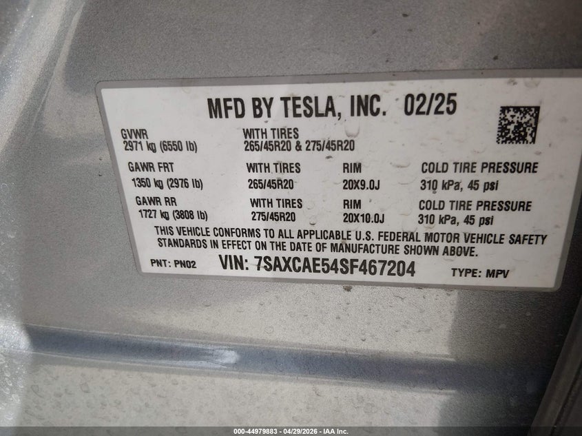 2025 Tesla Model X Long Range VIN: 7SAXCAE54SF467204 Lot: 44979883