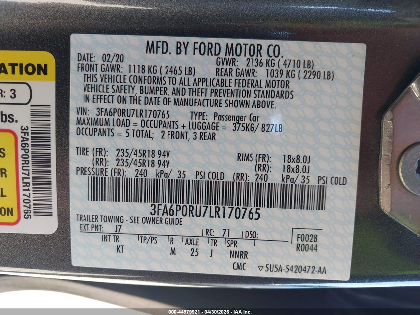 VIN 3FA6P0RU7LR170765 2020 FORD FUSION HYBRID TITANIUM