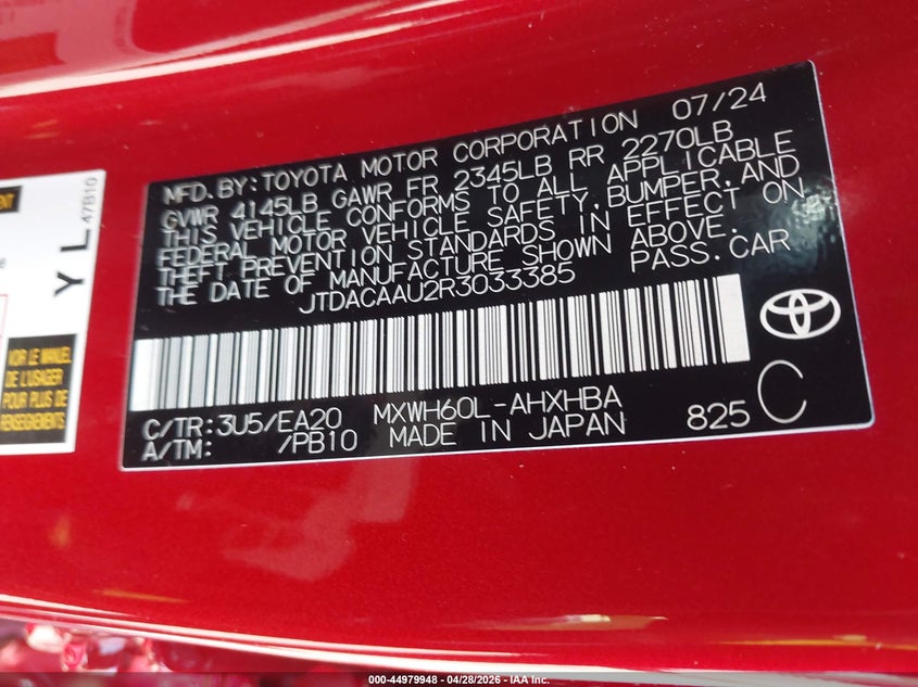 VIN JTDACAAU2R3033385 2024 TOYOTA PRIUS LIMITED