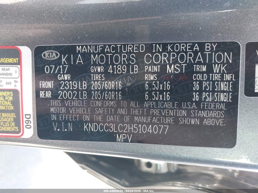 VIN KNDCC3LC2H5104077 2017 KIA NIRO EX