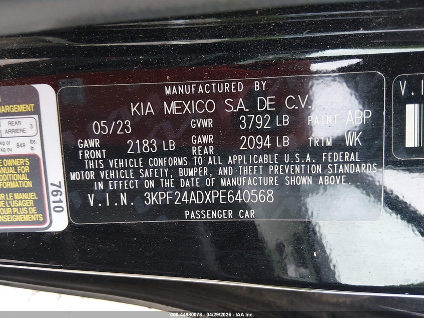 VIN 3KPF24ADXPE640568 2023 KIA FORTE LXS