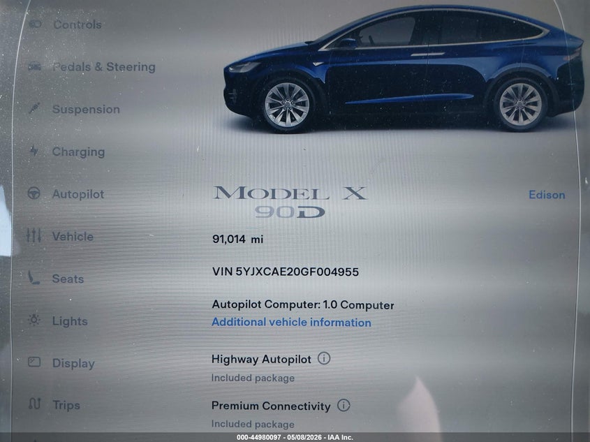 2016 Tesla Model X 60D/70D/75D/90D VIN: 5YJXCAE20GF004955 Lot: 44980097