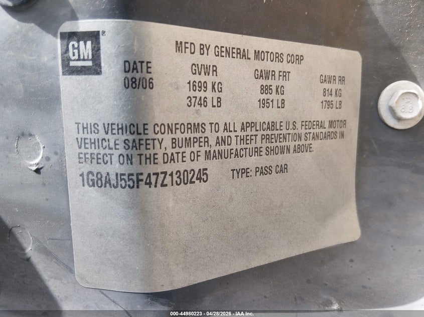 2007 Saturn Ion 2 VIN: 1G8AJ55F47Z130245 Lot: 44980223
