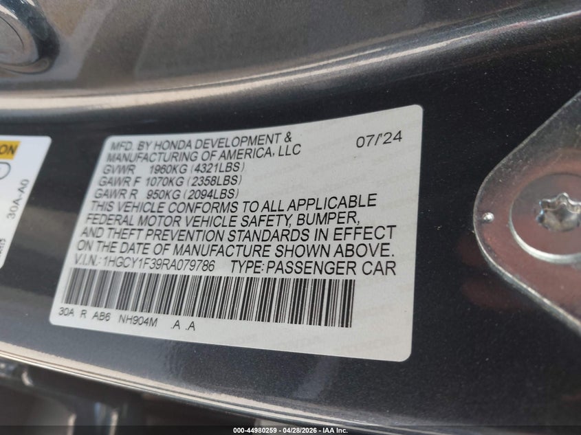 VIN 1HGCY1F39RA079786 2024 HONDA ACCORD EX