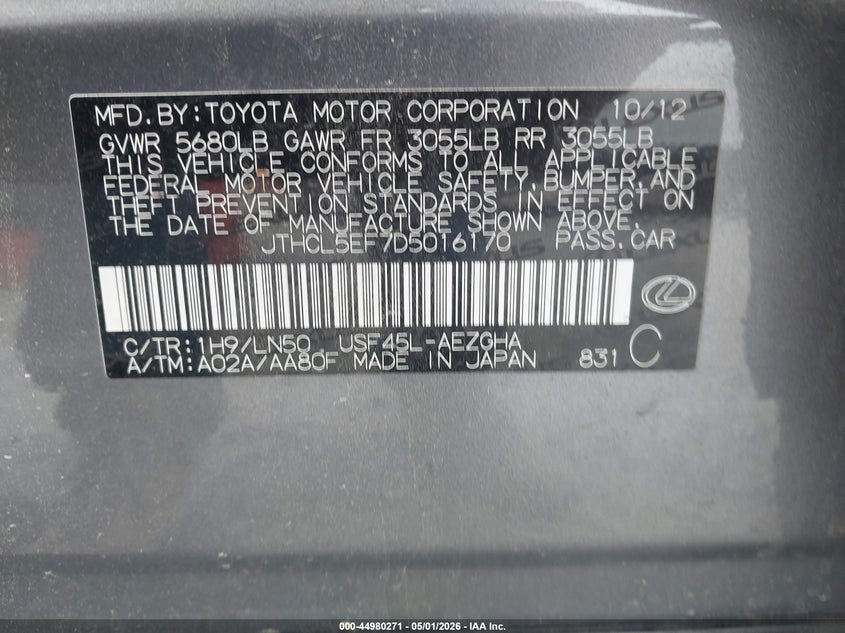 2013 Lexus Ls 460 VIN: JTHCL5EF7D5016170 Lot: 44980271