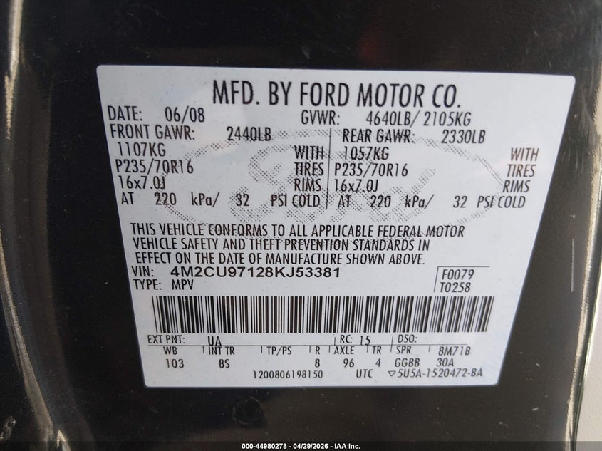 2008 Mercury Mariner Premier VIN: 4M2CU97128KJ53381 Lot: 44980278