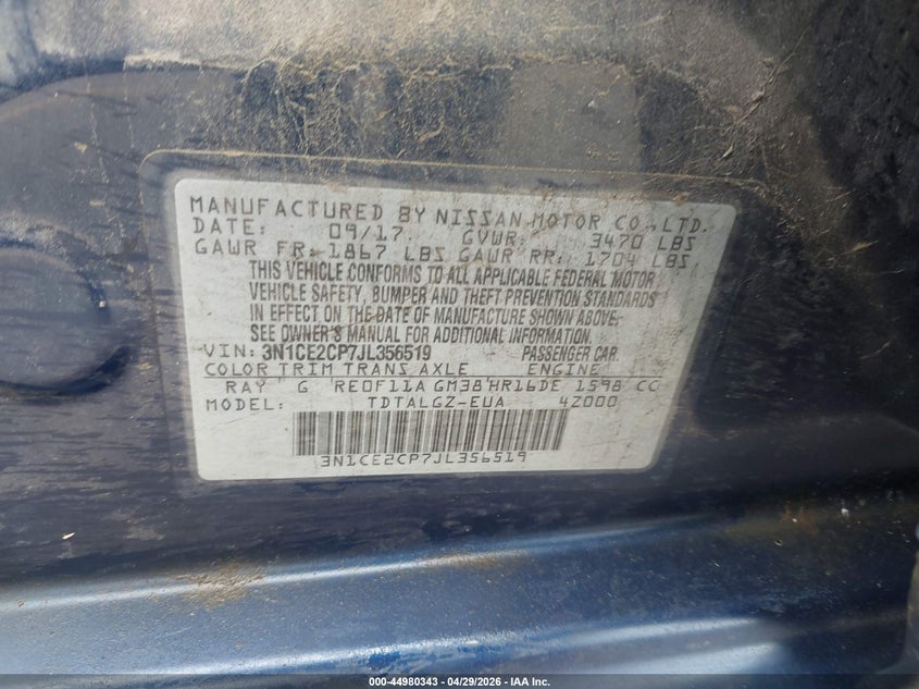2018 NISSAN VERSA HATCHBACK 1.6L I-4 DOHC, VVT, 109HP
