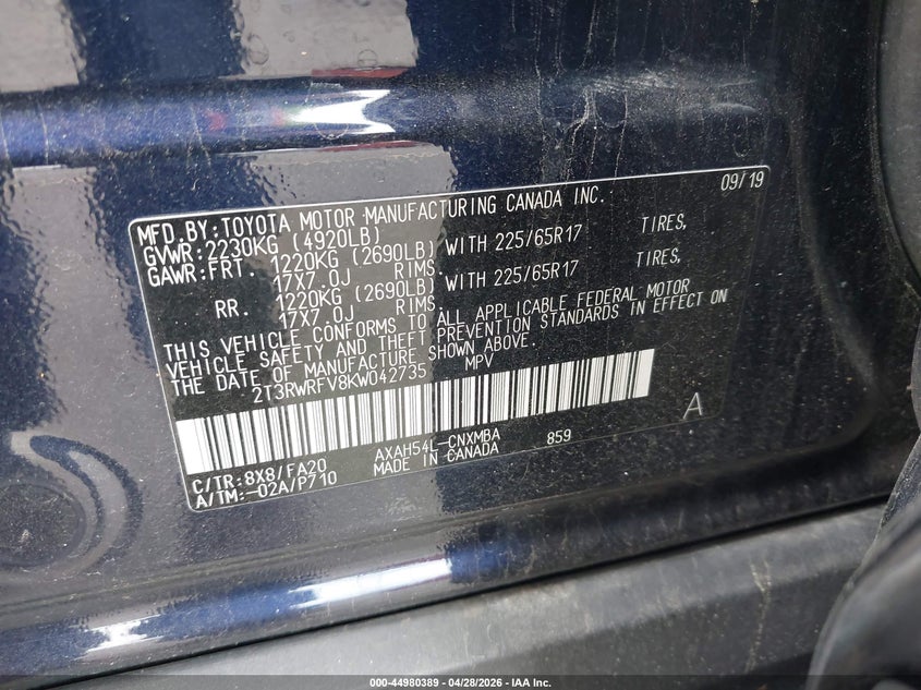 VIN 2T3RWRFV8KW042735 2019 TOYOTA RAV4 HYBRID XLE