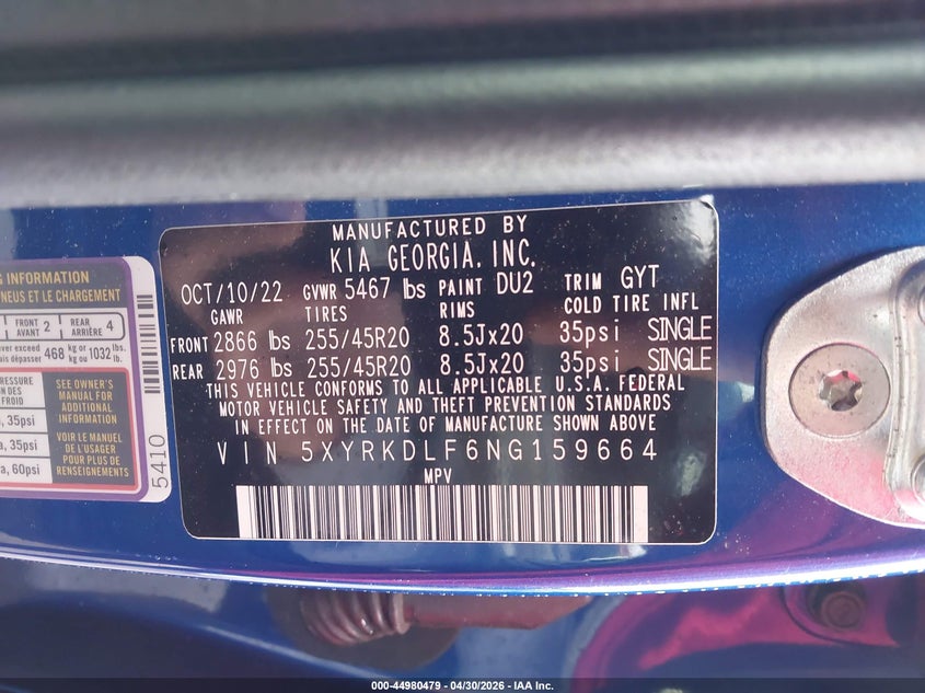 VIN 5XYRKDLF6NG159664 2022 KIA SORENTO SX