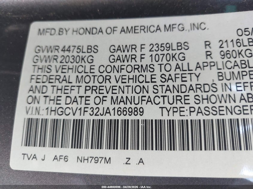 VIN 1HGCV1F32JA166989 2018 HONDA ACCORD SPORT