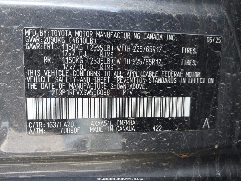 2025 TOYOTA RAV4 2.5L I-4 DI, DOHC, V(VIN: 2T3P1RFVXSW556088