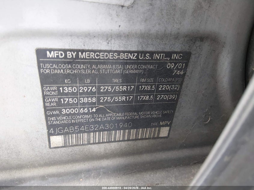 2002 Mercedes-Benz Ml 320 VIN: 4JGAB54E32A301940 Lot: 44980918