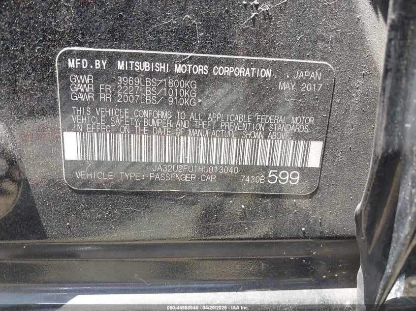 MITSUBISHI LANCER 2017 VIN JA32U2FU1HU013040