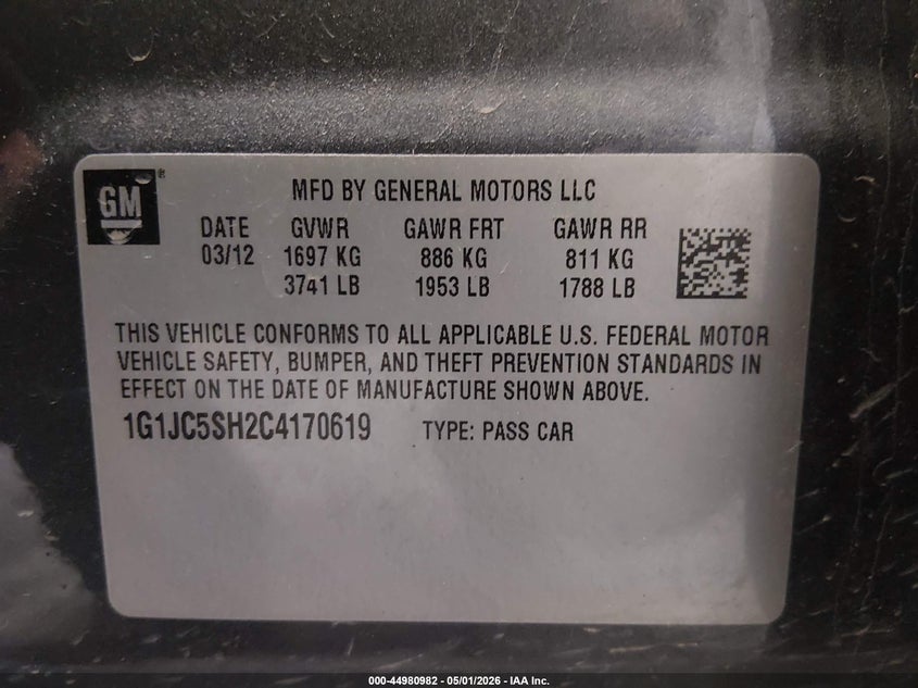 2012 Chevrolet SONIC 1.8 2lt Grey Lot 111044980982 Vin 1G1JC5SH2C4170619
