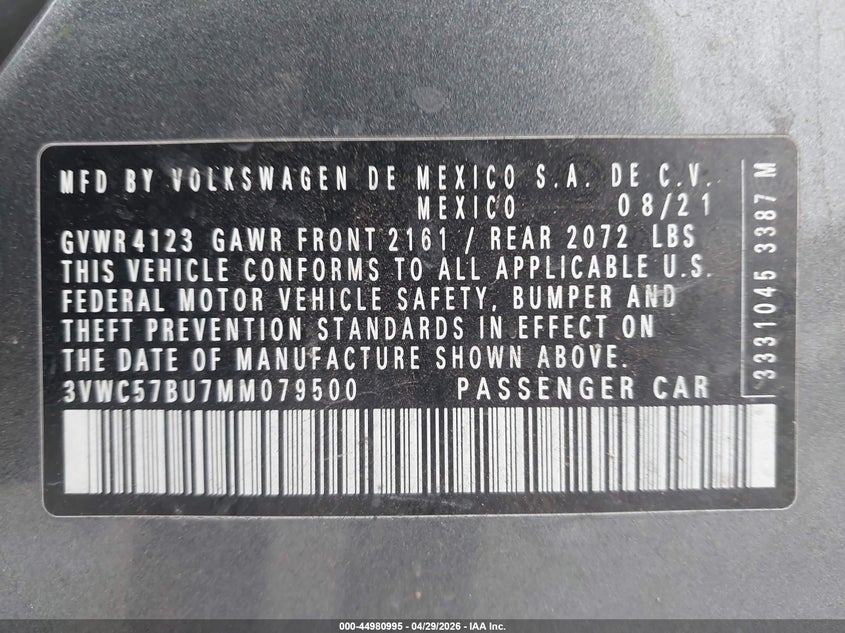 2021 Volkswagen Jetta 1.4T R-Line/1.4T S/1.4T Se VIN: 3VWC57BU7MM079500 Lot: 44980995