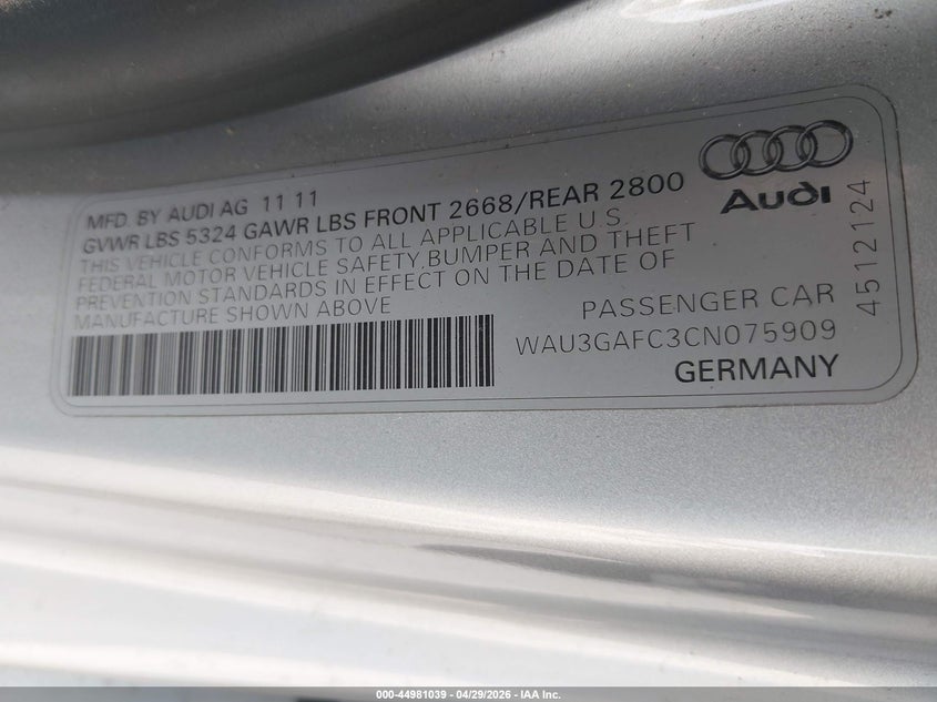 2012 Audi A7 Premium VIN: WAU3GAFC3CN075909 Lot: 44981039