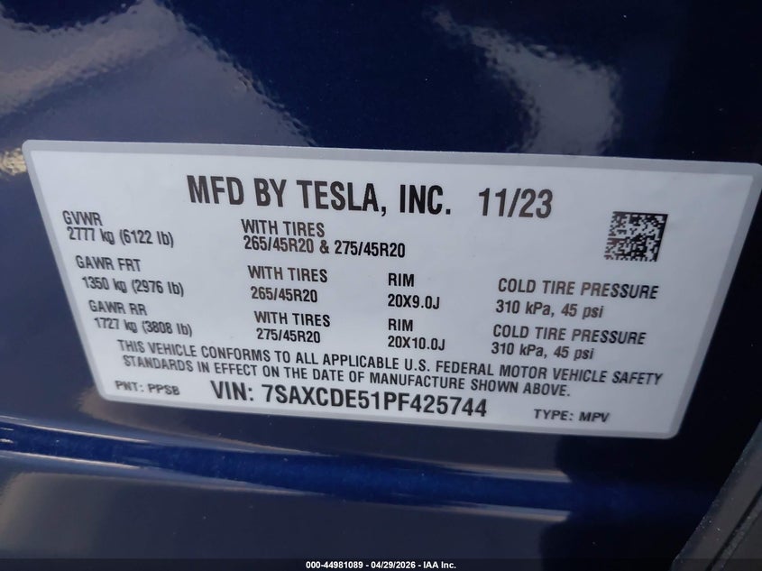 2023 Tesla Model X Dual Motor All-Wheel Drive/Standard Range VIN: 7SAXCDE51PF425744 Lot: 44981089