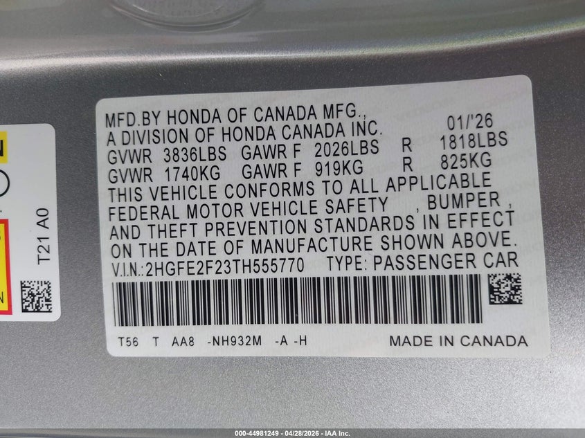 2026 HONDA CIVIC SEDAN 2.0L I-4 DI, DOHC, VVT, 150HP
