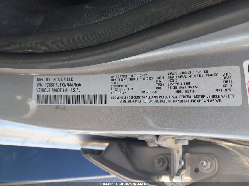 2022 RAM 1500 5.7L V-8 VVT, 395HP(VIN: 1C6SRFJTXNN447656