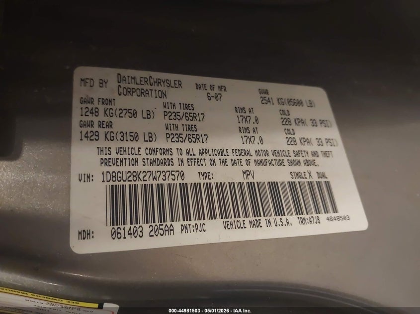 2007 Dodge Nitro Sxt VIN: 1D8GU28K27W737570 Lot: 44981503
