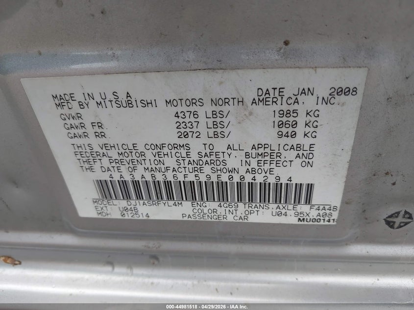 2009 Mitsubishi Galant Es/Sport Edition VIN: 4A3AB36F59E004294 Lot: 44981518