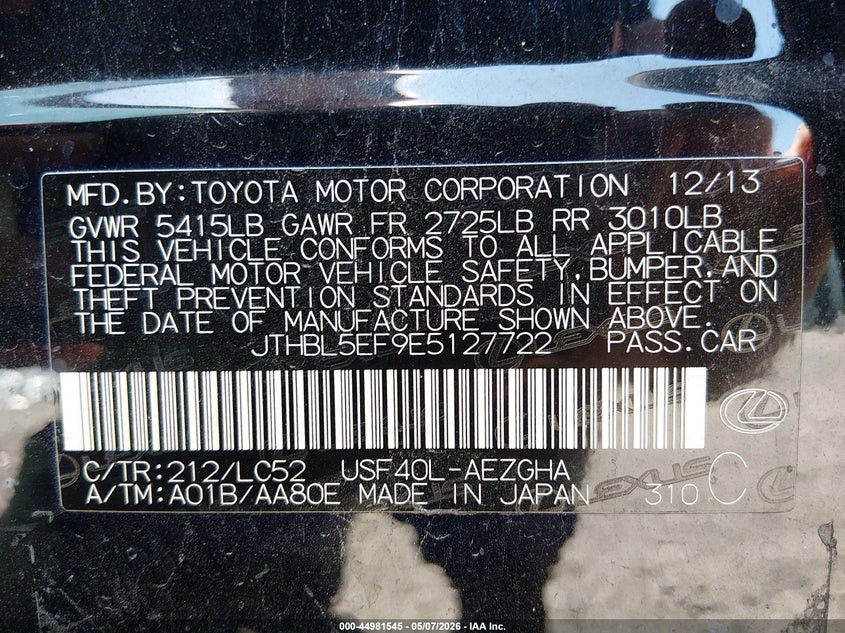 2014 Lexus Ls 460 VIN: JTHBL5EF9E5127722 Lot: 44981545