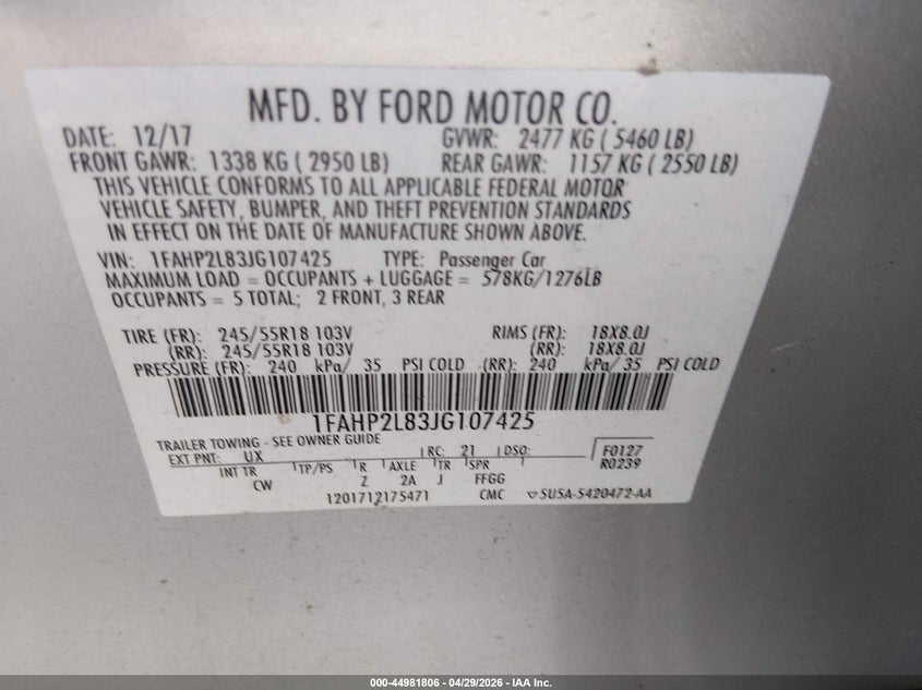 2018 Ford Police Interceptor VIN: 1FAHP2L83JG107425 Lot: 44981806