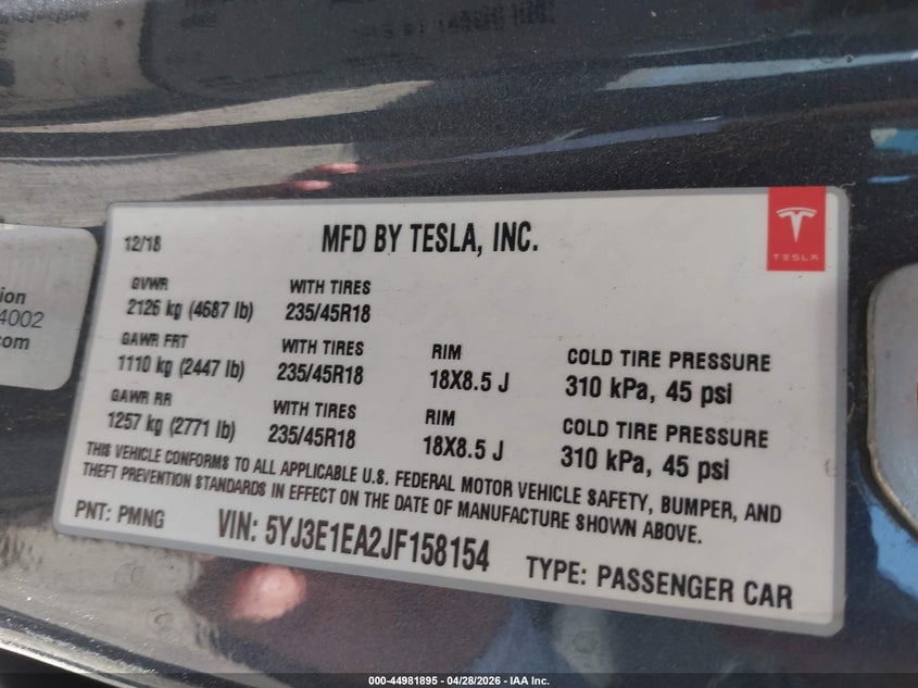 2018 TESLA MODEL 3 SEDAN ELECTRIC