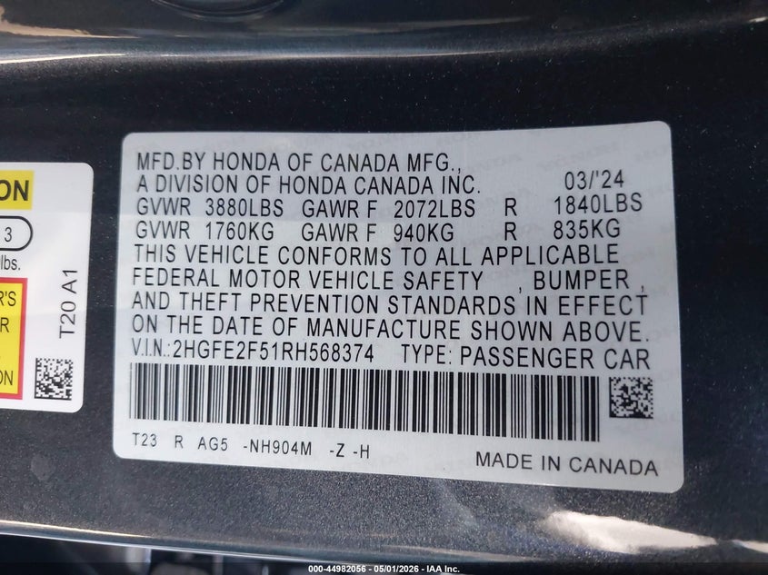 2024 HONDA CIVIC 2.0L I-4 DI, DOHC, V(VIN: 2HGFE2F51RH568374
