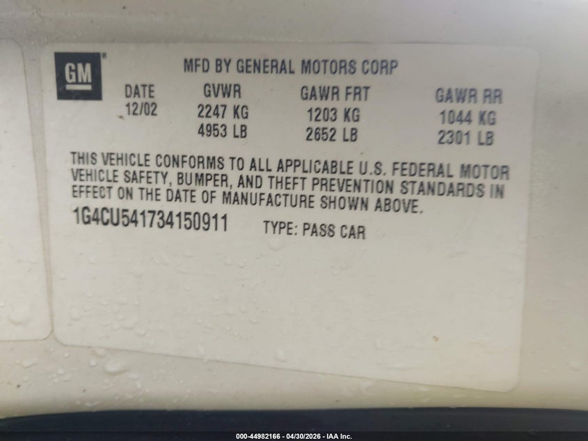 2003 Buick Park Avenue Ultra VIN: 1G4CU541734150911 Lot: 44982166