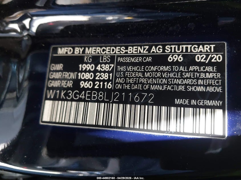 2020 Mercedes-Benz A 220 VIN: W1K3G4EB8LJ211672 Lot: 44982168