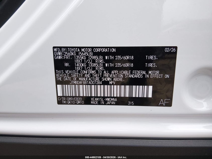 2026 Toyota Bz Xle VIN: JTMBDAFB8TA007384 Lot: 44982189