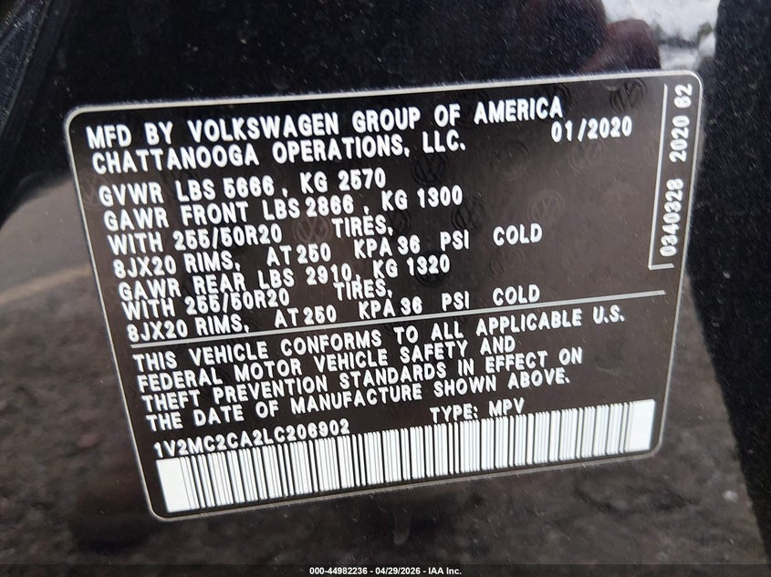 2020 Volkswagen Atlas Cross Sport VIN: 1V2MC2CA2LC206902 Lot: 44982236