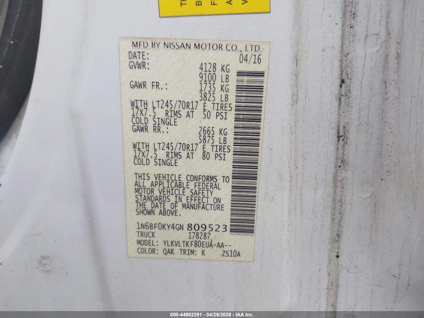 2016 Nissan Nv Cargo Nv2500 Hd Sv V6 VIN: 1N6BF0KY4GN809523 Lot: 44982291