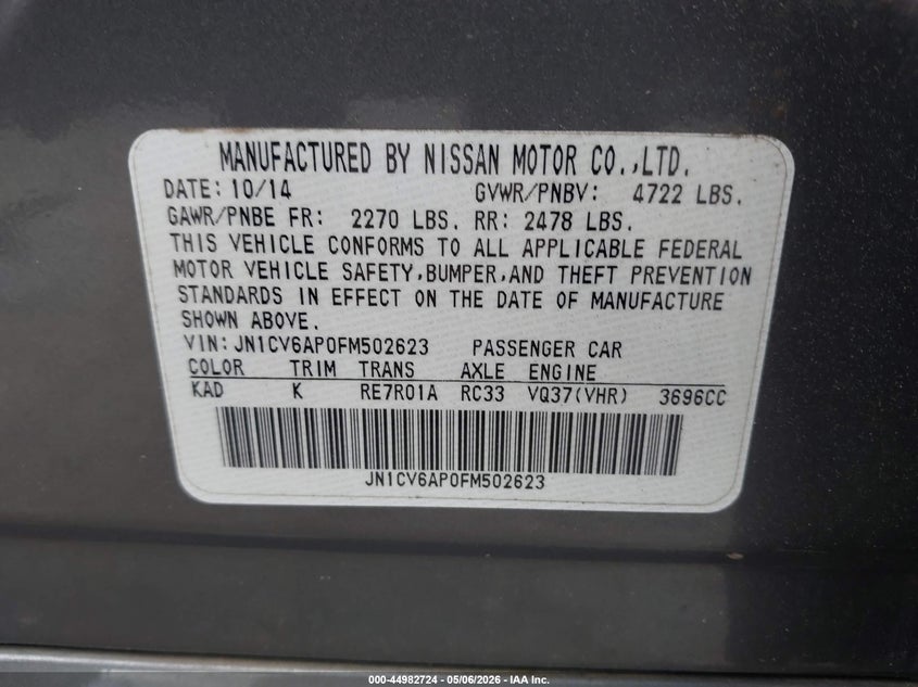 2015 Infiniti Q40 VIN: JN1CV6AP0FM502623 Lot: 44982724