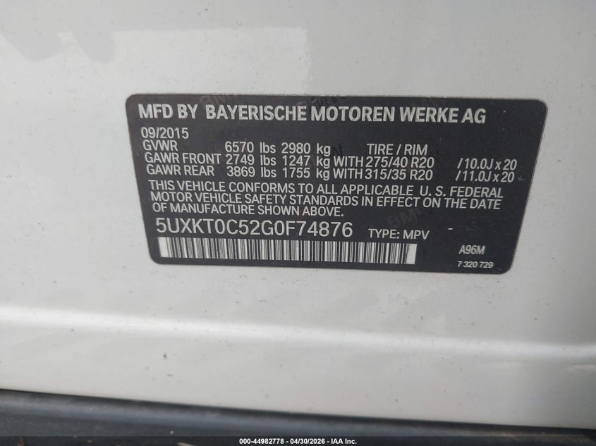 2016 BMW X5 SPORT UTILITY VEHICLE 2.0L I-4 DI, DOHC, VVT, TURBO, 245HP