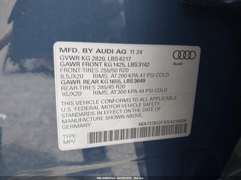 2025 Audi Q6 E-Tron Premium VIN: WA112BGFXSA016606 Lot: 44982834