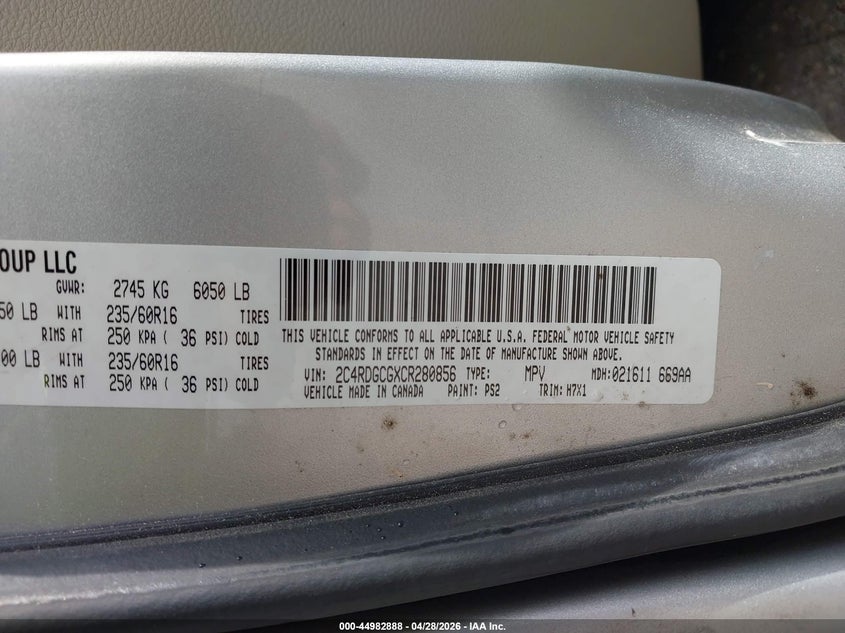 2012 Dodge Caravan 3.6 Grand Sxt silver Lot 111044982888 Vin 2C4RDGCGXCR280856