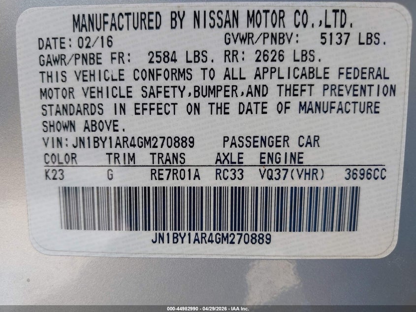 2016 Infiniti Q70 3.7X VIN: JN1BY1AR4GM270889 Lot: 44982990