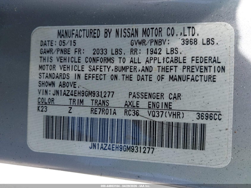2016 Nissan 370Z Nismo Tech VIN: JN1AZ4EH9GM931277 Lot: 44983184