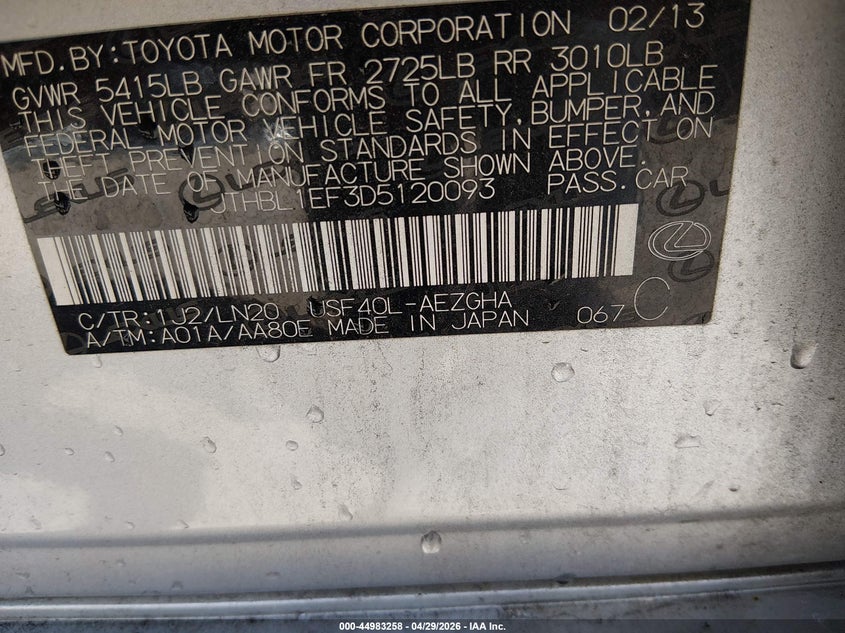 2013 Lexus Ls 460 VIN: JTHBL1EF3D5120093 Lot: 44983258