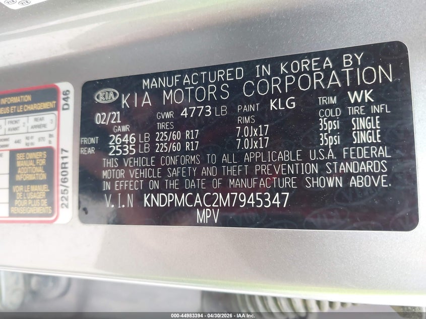 VIN KNDPMCAC2M7945347 2021 KIA SPORTAGE LX