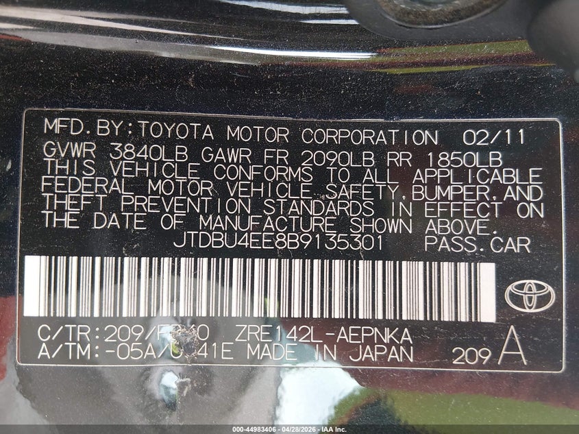 2011 Toyota Corolla 1.8 Le black Lot 111044983406 Vin JTDBU4EE8B9135301