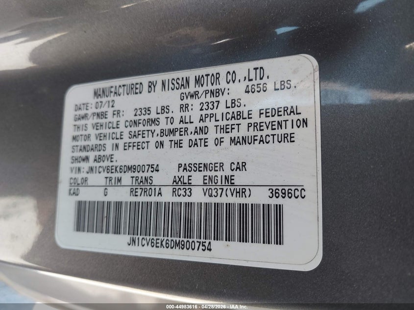 2013 INFINITI G COUPE 3.7L V-6 DOHC, VVT, 348HP