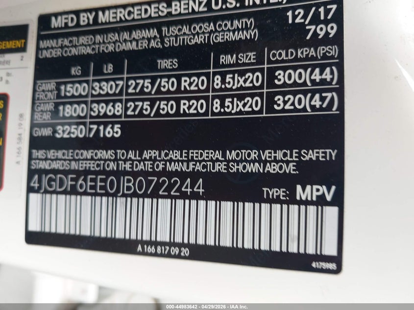 2018 Mercedes-Benz Gls 450 4Matic VIN: 4JGDF6EE0JB072244 Lot: 44983642