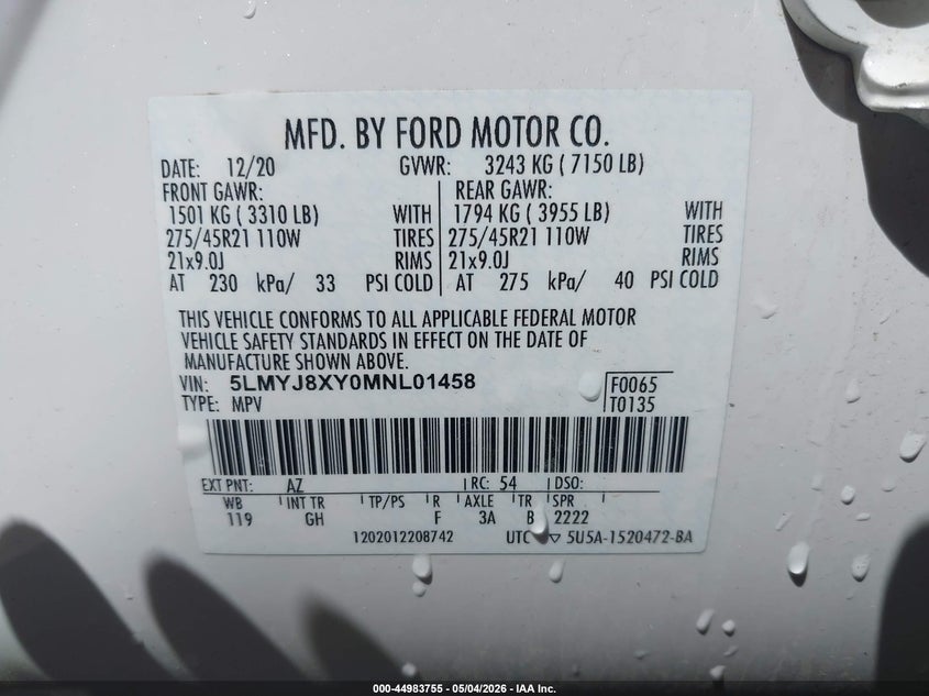 2021 Lincoln Aviator Grand Touring VIN: 5LMYJ8XY0MNL01458 Lot: 44983755