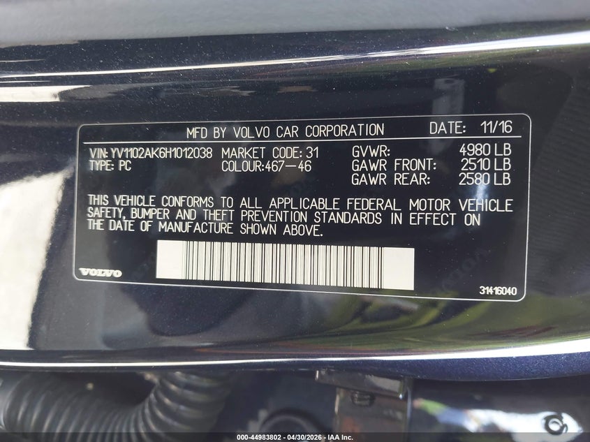 2017 Volvo S90 T5 Momentum VIN: YV1102AK6H1012038 Lot: 44983802